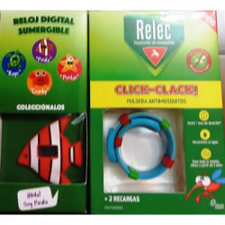 RELEC PULSERA ANTIMOSQUITOS CLICK-CLACK + RELOJ DIGITAL PEZ